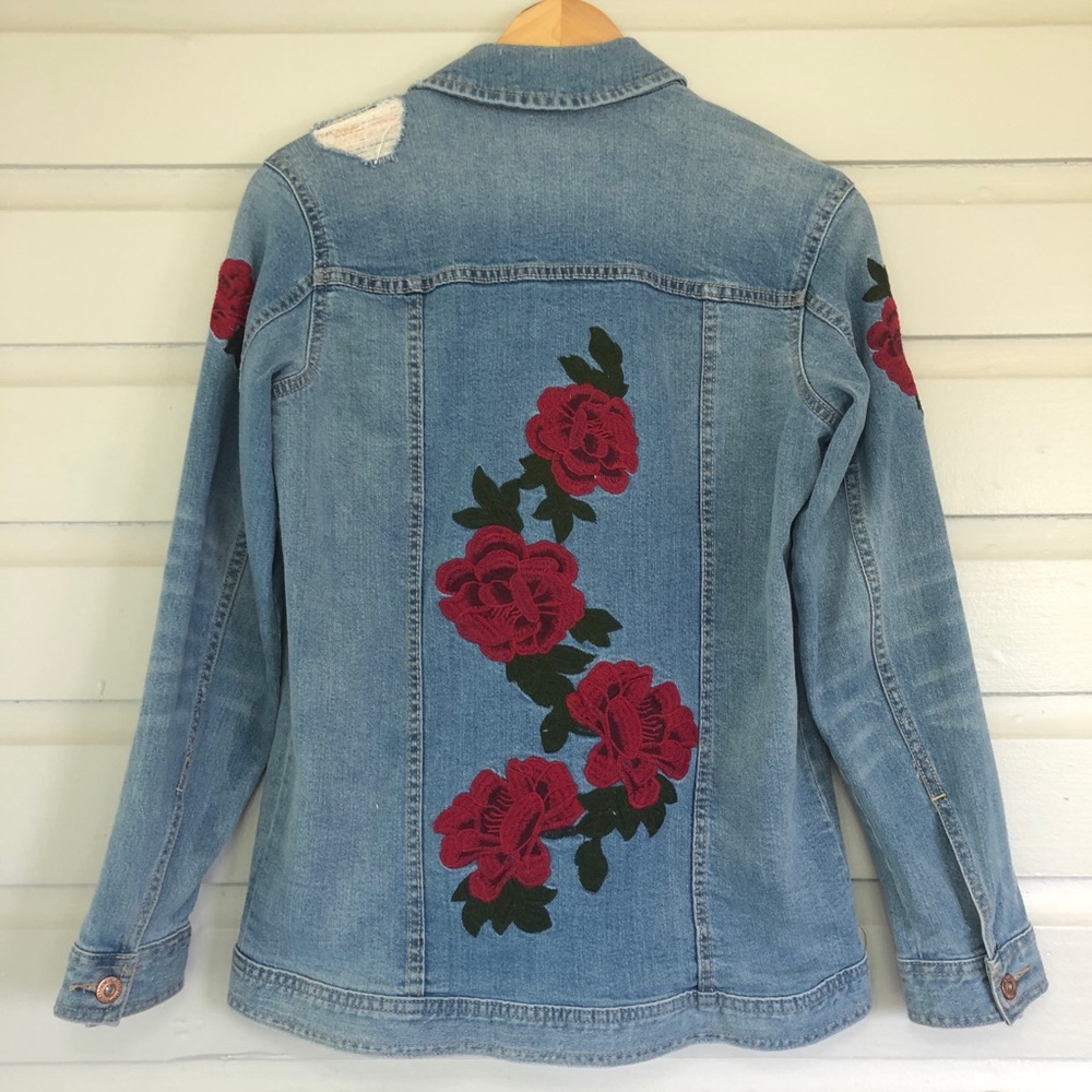 Arizona Jean Company Blue Jean Jacket with Red Rose Embroidery